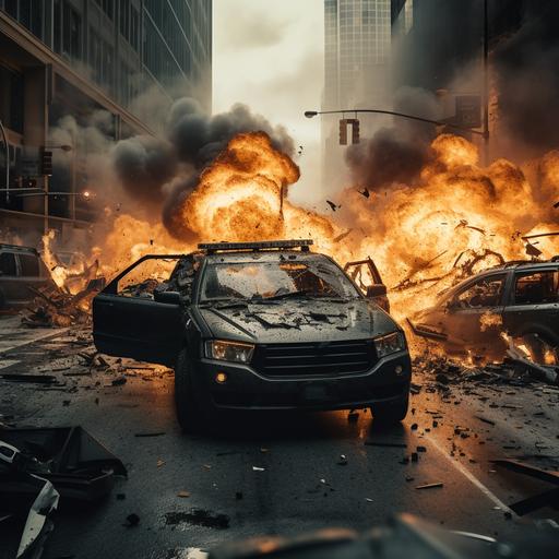 epic police chase downtown in a city, car driving away from huge explosion, hyperrealistic, photorealism, intricate details, canon eos r3, 50mm, cinematic, megapixel cinematic lighting, anti-aliasing, SFX, VFX, CGI, RTX, SSAO, FKAA, TXAA, HDR, 8k