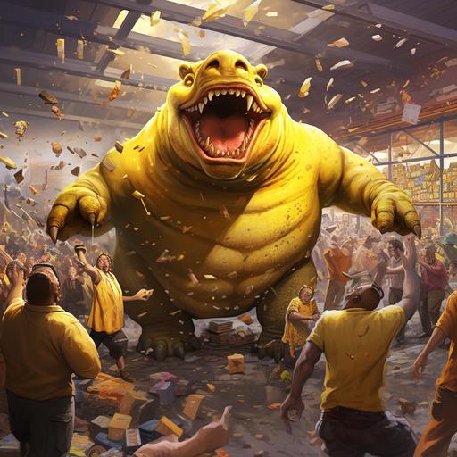 epic scene of a hippo running against a horde of customers. The whole scene lit by shades of yellow
