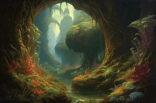 epic scifi art, outerworld landscape, the leviathan carnivorous stomatic vines, sentient Vitaceae dentata of C-Mor Prime, supple writhing serpentina figurata, style of augustus john, john martin, martin johnson heade, luminous suffusion, dripping viscous toxins, gaping maws, hyperrealistic, otherworldly realism, mycosmic --ar 3:2 --s 600 --v 5