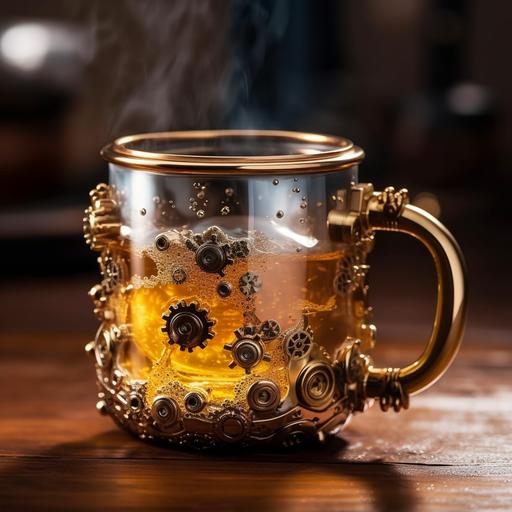 ergonomic steel steampunk mug, moving gears, on a wooden table, filled with golden liquid, turbid liquid, extremely steaming liquid, the contents of the mug is extremely steaming, liquid nitrogen, superrealistic, extremely detailed --s 750