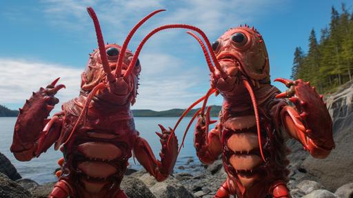 realistic photo of funny lobster shaped aliens greeting earthlings for the first time --ar 16:9