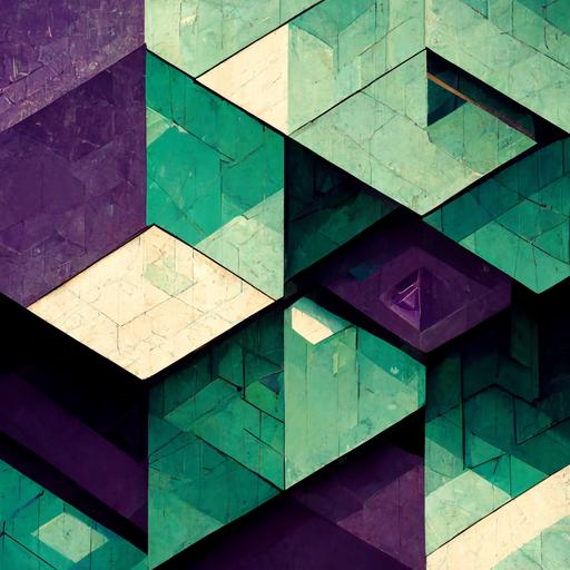 escher style, illusion, isometric, metal, purple, green, cyan, cubes, triangles, environment