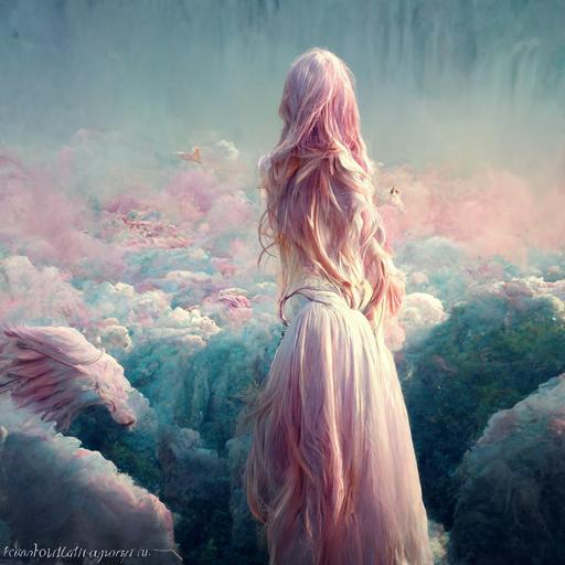 surreal environment, heaven, waterfall ,fantasy, blonde girl, pegasus, pink items, pale colors