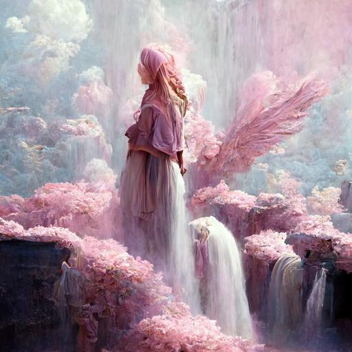 surreal environment, heaven, waterfall ,fantasy, blonde girl, pegasus, pink items, pale colors