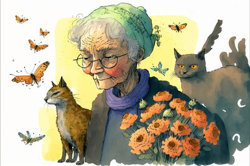 esoteric animal comic book illustration: old people with cats and flowers : astrid lindgren : deeply colored watercolor : cute nightmare --v 4 --ar 3:2