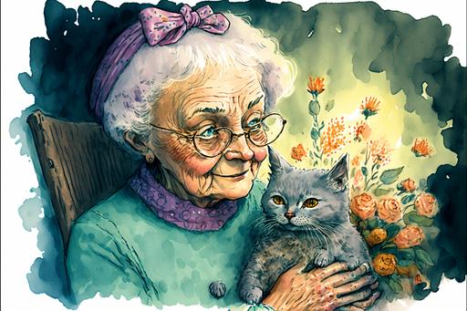 esoteric animal comic book illustration: old people with cats and flowers : astrid lindgren : deeply colored watercolor : cute nightmare --v 4 --ar 3:2