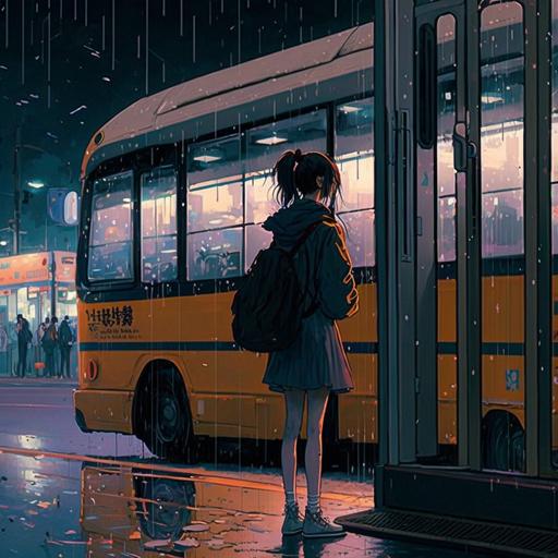 girl, alone, bus station, rain, umbrella, night, light, puddles, stop, relaxed, anime, japanese street, rain GIF