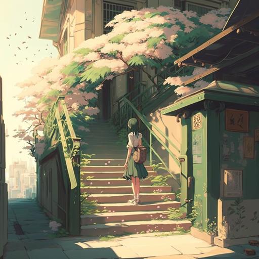 street, japanese, noon, summer, sun, passers-by, stairs, tradition, flowers, green, happy, quiet, japanese signs, anime