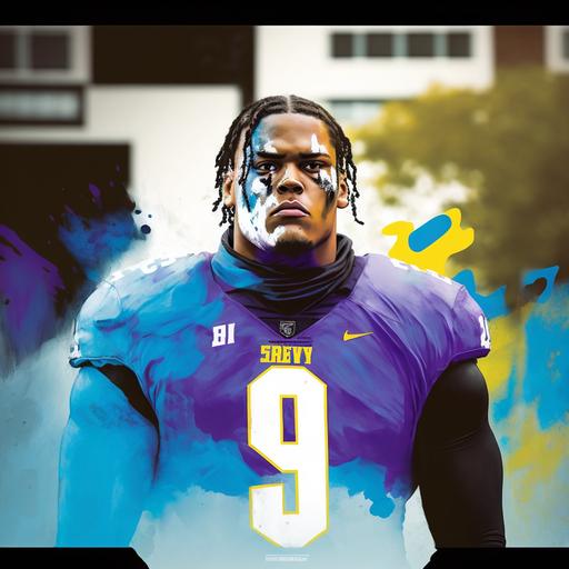 , espn magazine cover art, nfl football player, ghost war paint, number 9, black war paint heavy, light blue and yellow , blue and yellow jersey, abstract