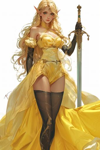 20-year-old female elf swordsman, with long blond hair and ponytail, green eyes, black tights, light yellow dress, shy expression and posture, pointing forward with the sword, looking away from the front, magic and other world style --s 250 --style raw --ar 2:3