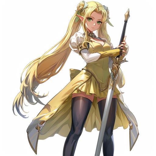 20-year-old female elf swordsman, with long blond hair and ponytail, green eyes, black tights, light yellow dress, shy expression and posture, pointing forward with the sword, looking away from the front, magic and other world style --s 250 --style raw