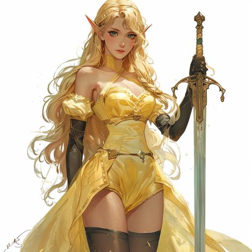 20-year-old female elf swordsman, with long blond hair and ponytail, green eyes, black tights, light yellow dress, shy expression and posture, pointing forward with the sword, looking away from the front, magic and other world style --s 250 --style raw