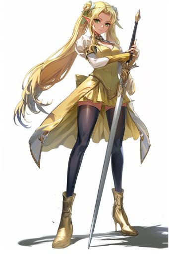 20-year-old female elf swordsman, with long blond hair and ponytail, green eyes, black tights, light yellow dress, shy expression and posture, pointing forward with the sword, looking away from the front, magic and other world style --s 250 --style raw --ar 2:3