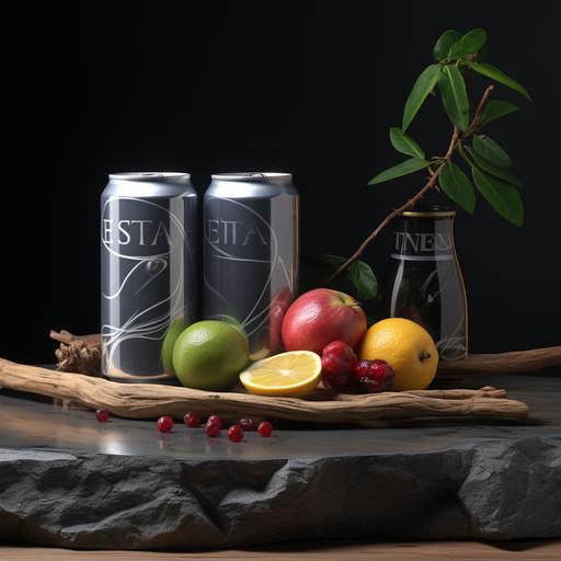 estetic, beauty glamour dark stone countertop, 3 small soda cans, fruit, dark twigs, light room, ultrarealistic