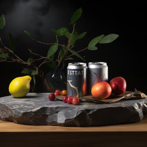 estetic, beauty glamour dark stone countertop, 3 small soda cans, fruit, dark twigs, light room, ultrarealistic