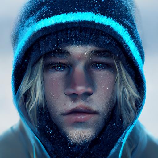 etailed up close facial description of a young gorgeous long haired blonde man with hoodie breathing cold air in -40 below zero,Alaska, thermometer,freezing, fridgid, cold,  scattered glowing blue glowing Snow flakes, background cold and descriptive, octane render, realistic