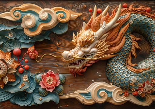 etch-painted wood panel, grain wood subtly evokessleek lines of a loong dragon in 3D emerges as a gold brooch, studded with jeweled gemstones, gleam with understated elegance, art by ChrisWaikikiAI --ar 99:70 --v 6.0 --s 750