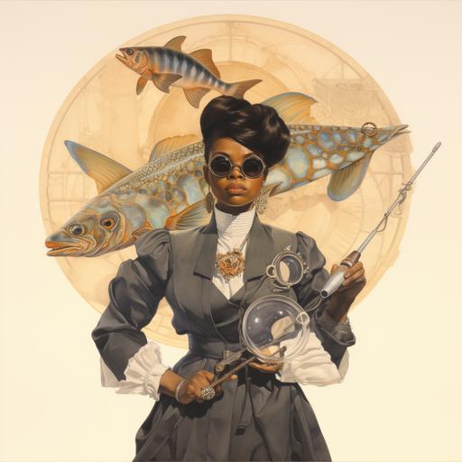 Alphonse Mucha, fat over 6o years old African black woman with spectacles wearing a business suit, fish, shells, white background,