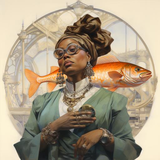 Alphonse Mucha, fat over 6o years old African black woman with spectacles wearing a business suit, fish, shells, white background,