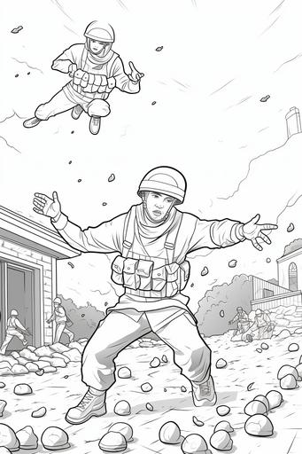 terrorist themed Coloring page for kids, kids throwing stones at soldiers, Cartoon Style, Low Detail, Thick Line, Various Backgrounds,
