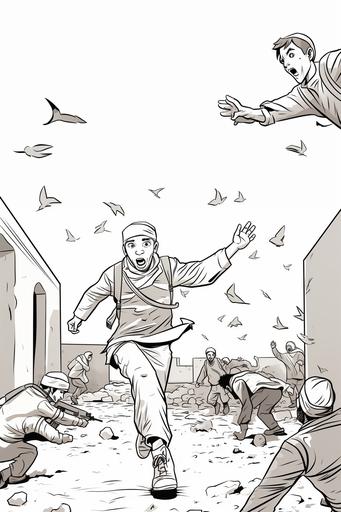 terrorist themed Coloring page for kids, kids throwing stones at soldiers, Cartoon Style, Low Detail, Thick Line, Various Backgrounds,