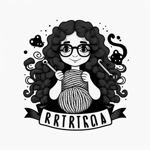 logo for knitting shop, social media logo, a girl with long curly hair, a girl with glasses is knitting, some ball of knitting wood is around her, black and white color, 8k, revolution, cartoon, cute girl