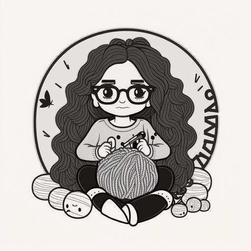 logo for knitting shop, social media logo, a girl with long curly hair, a girl with glasses is knitting, some ball of knitting wood is around her, black and white color, 8k, revolution, cartoon, cute girl