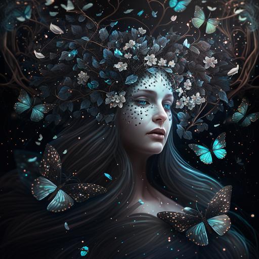 ethereal Queen of tree flying butterflies black roses glitter magical 4k