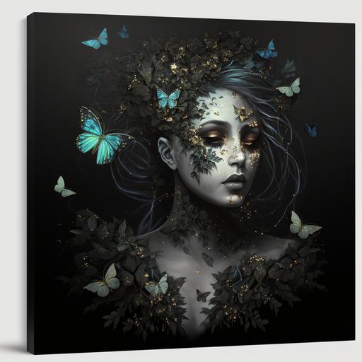 ethereal Queen of tree flying butterflies black roses glitter magical 4k