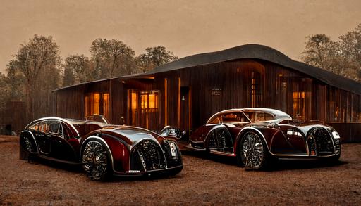 ethereal complex unworldly mystic Bugatti Royale classic cars parked on red gravel driveway by field, detailed, realistic, photographic —ar 16:9