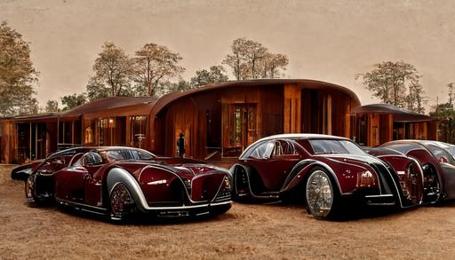 ethereal complex unworldly mystic Bugatti Royale classic cars parked on red gravel driveway by field, detailed, realistic, photographic —ar 16:9