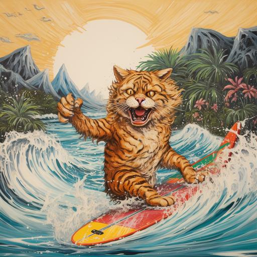 etro kentucky wildcat mascot surfing a wave in hawaii. palm trees. mountains. painting.