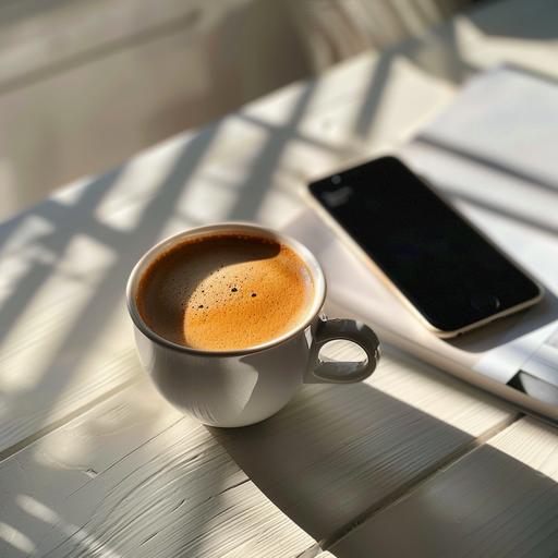 ett realistiskt foto taget med en iphone av en kopp kaffe, som står på ett bord. Kaffemuggen är vit och kaffet är hett. På bordet ligger papper och genom fönstret lyser solens strålar in. bilden visar lugnet på morgonen och hur en ny dag börjar.