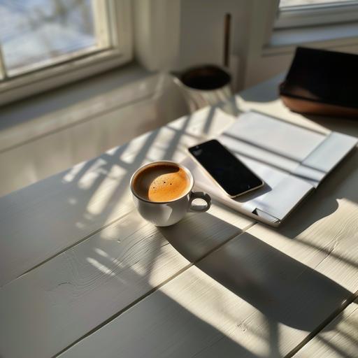 ett realistiskt foto taget med en iphone av en kopp kaffe, som står på ett bord. Kaffemuggen är vit och kaffet är hett. På bordet ligger papper och genom fönstret lyser solens strålar in. bilden visar lugnet på morgonen och hur en ny dag börjar.