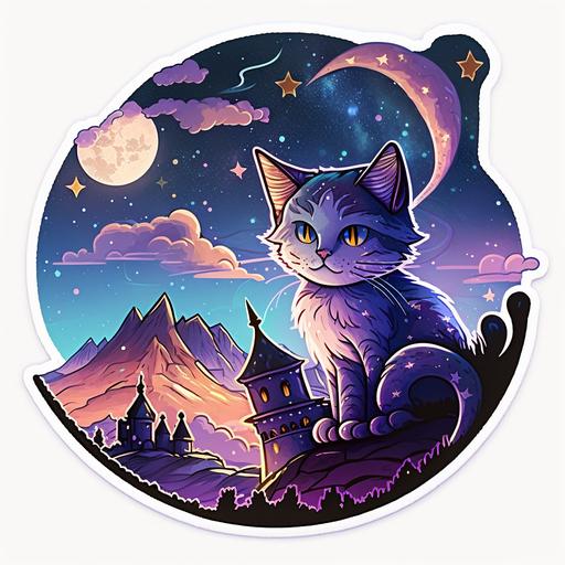 eureekas castle style sticker of cosmic mystical kitty wizard, purple and blue, stars in sky, mountains, cartoon