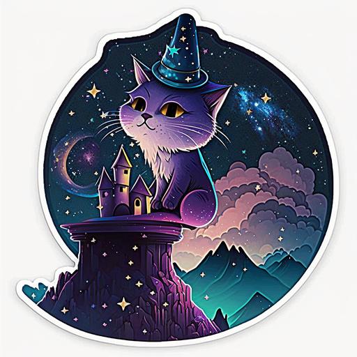 eureekas castle style sticker of cosmic mystical kitty wizard, purple and blue, stars in sky, mountains, cartoon