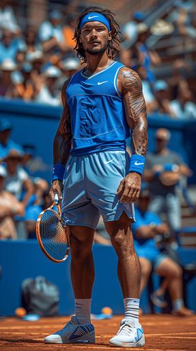 european nba 2k players dressed in a tennis outfit, blue shirt, white shoes, tube socks, shot of his full body, holding tennis racket, happy face, headband, background is a royal blue tennis court --ar 9:16 --v 6.0 --s 750 --style raw