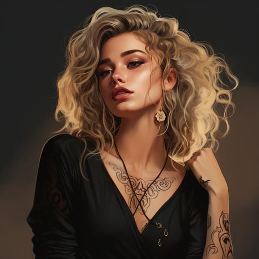 european young girl, thick, long, curly, blonde hair, steel eyes, freckles, gold earrings, piercing in nose, in the front of camera, high fashion pose, tattoo on arms and legs, wearing simple black dress, black leather boots, 90's style, animated illustration, 4K, ar 16:9