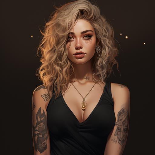 european young girl, thick, long, curly, blonde hair, steel eyes, freckles, gold earrings, piercing in nose, in the front of camera, high fashion pose, tattoo on arms and legs, wearing simple black dress, black leather boots, 90's style, animated illustration, 4K, ar 16:9