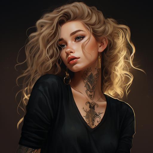 european young girl, thick, long, curly, blonde hair, steel eyes, freckles, gold earrings, piercing in nose, in the front of camera, high fashion pose, tattoo on arms and legs, wearing simple black dress, black leather boots, 90's style, animated illustration, 4K, ar 16:9