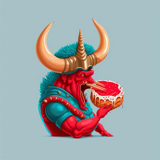 A Red Horn, with Crown and muscles, Eating Croissant, Cartoon, 4k