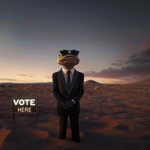 evening desert plains. Pepe the frog dressed in a black suit with white undershirt and black tie. Black ray Bans. He is frowning with his hands on his suit lapels looking into the distance. An LED sign that flashes 