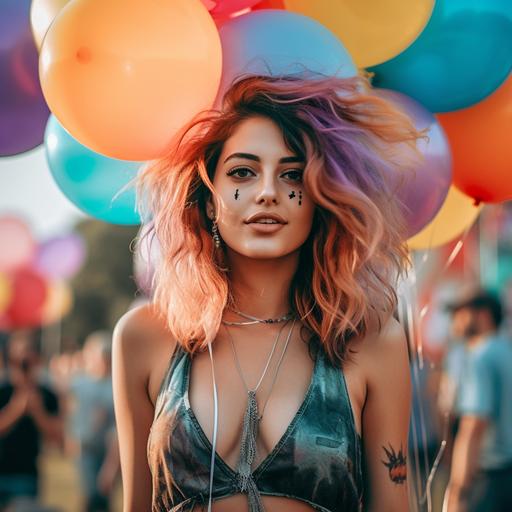 event photography, 25 year old beautiful italian girl, at music festival, summer, sexy outfit, colorful makeup, face painting, balloons, crowd dancing, using sony A7 IV, 85mm f/ 5. 6 --v 5.1