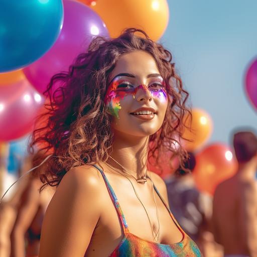 event photography, reflective balloons, face painting, 25 year old beautiful italian girl, at music festival, summer, sexy outfit, colorful makeup, eyeshadow, face painting, balloons, crowd dancing, using sony A7 IV, 85mm f/ 5. 6 --v 5.1