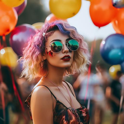 event photography, reflective balloons, face painting, 25 year old beautiful italian girl, at music festival, summer, sexy outfit, colorful makeup, eyeshadow, face painting, balloons, crowd dancing, using sony A7 IV, 85mm f/ 5. 6 --v 5.1