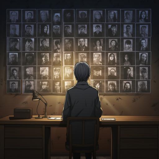 evidence board with lines directing toward a faceless picture in an anime style