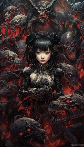 evil Japanese heavy metal girl with lots of demons in the background evil, goth, kuwaii, Japanese, Babymetal --ar 4:7 --v 5.1