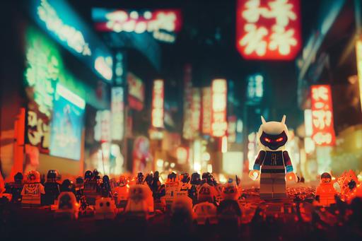 evil anime manga chibi ghost made of plastic legos with oversized horns in a neo-Tokyo city at night surrounded by millions of plastic toy weapons by Takashi Murakami, 3d render, bright soft lighting, intricate detail, photo-realistic, perfect shading, hyperrealistic, cinematic, action shot, 8k, octane render, grainy film texture, volumetric lighting, saturated colors, bright colors, fun --ar 4:1 --test --creative