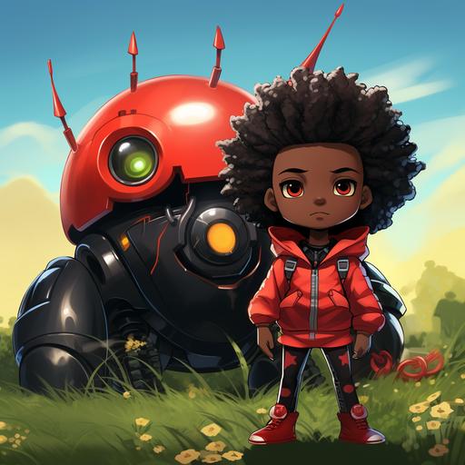 evil baby lady bug with missiles on its back next to a dark skin black girl kid with red joggers in the grass. In Pokemon tv show anime cartoon style