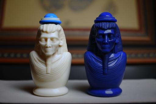 evil canopic jars made of alabaster and lapis lazuli sold at a garage sale --ar 3:2 --v 4 --style 4c